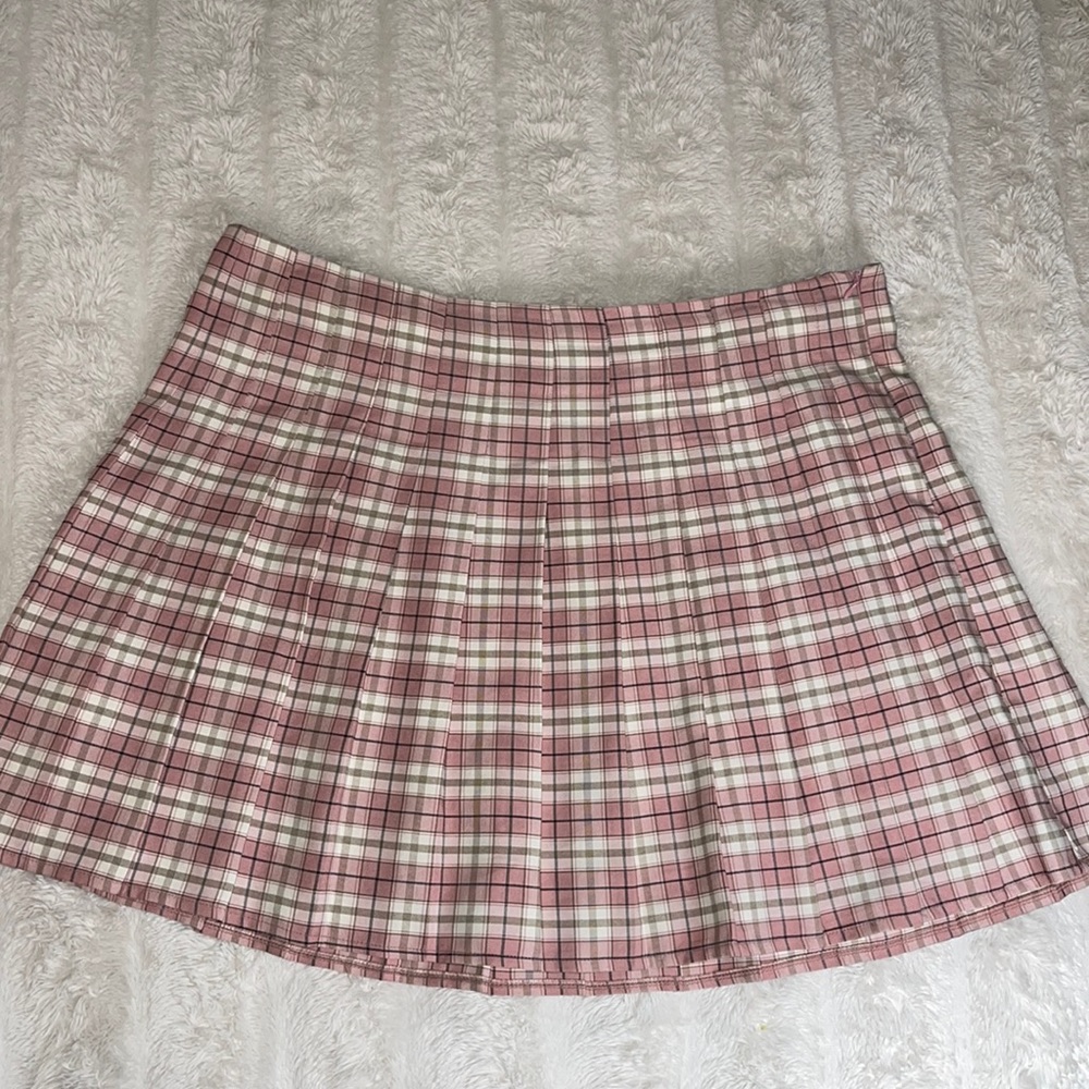 Pink Pleated Plaid Skirt